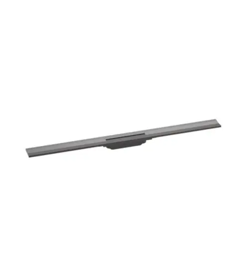 Schlanke Duschrinne in gebürstetem Schwarzchrom von Hansgrohe, zur Wandmontage geeignet. Längliche Form mit mittig platziertem Ablaufschacht.
